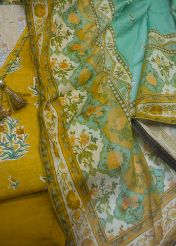 3 Piece Printed Stitched Mustard Color Lawn Frock with Trouser & Dupatta