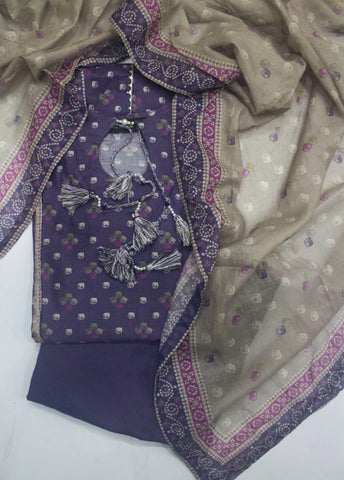 3 Piece Printed Stitched Purple Color Lawn Frock with Trouser & Dupatta