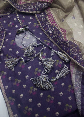 3 Piece Printed Stitched Purple Color Lawn Frock with Trouser & Dupatta