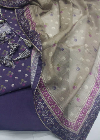 3 Piece Printed Stitched Purple Color Lawn Frock with Trouser & Dupatta