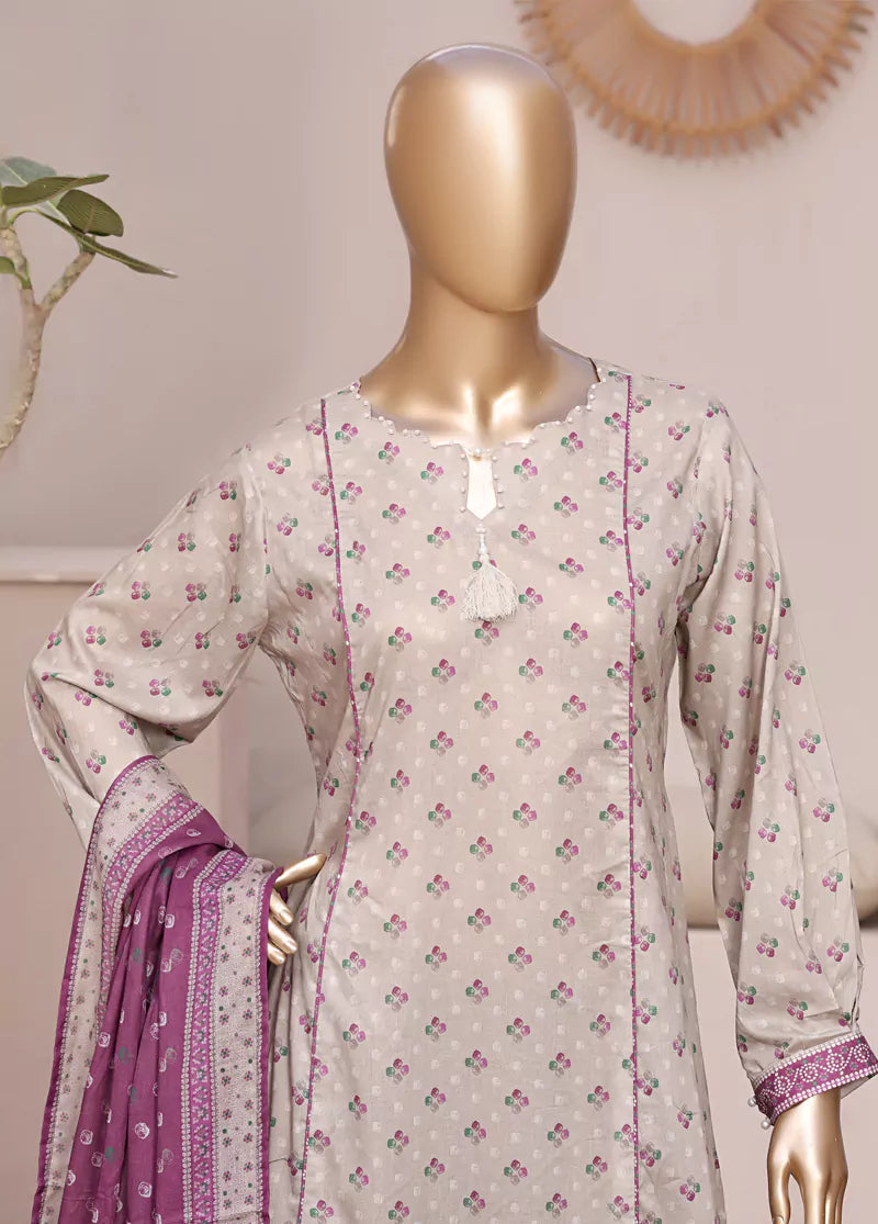 3 Piece Printed Stitched Ivory Color Lawn Frock with Trouser & Dupatta