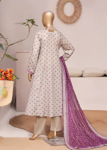 3 Piece Printed Stitched Ivory Color Lawn Frock with Trouser & Dupatta