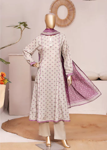 3 Piece Printed Stitched Ivory Color Lawn Frock with Trouser & Dupatta