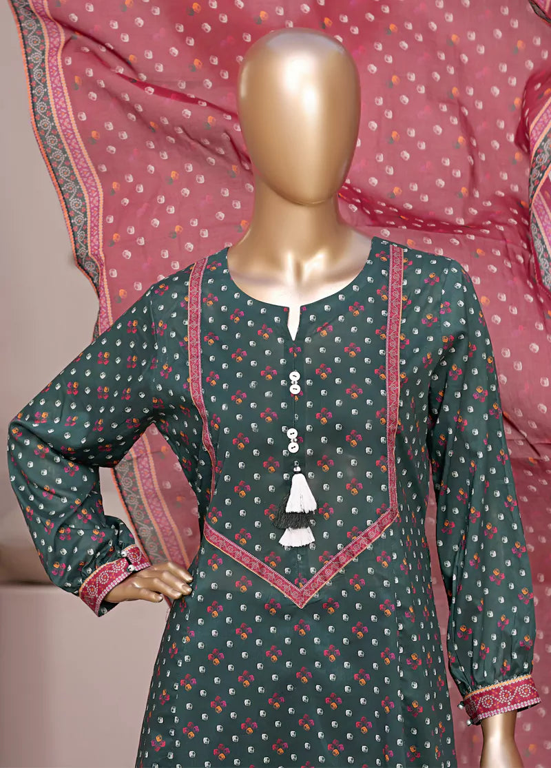 3 Piece Printed Stitched Bottle Green Color Lawn Frock with Trouser & Dupatta
