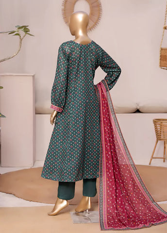 3 Piece Printed Stitched Bottle Green Color Lawn Frock with Trouser & Dupatta