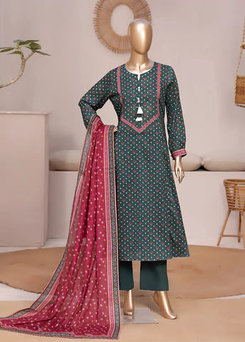 3 Piece Printed Stitched Bottle Green Color Lawn Frock with Trouser & Dupatta