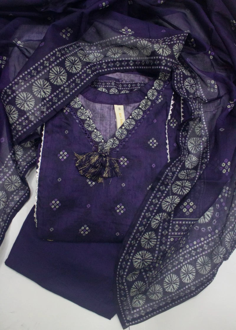 3 Piece Printed Stitched Purple Color Lawn Frock with Trouser & Dupatta