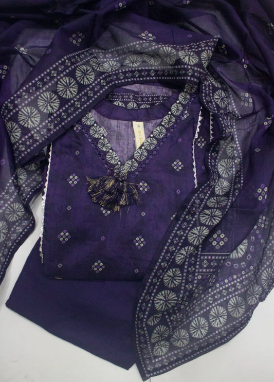 3 Piece Printed Stitched Purple Color Lawn Frock with Trouser & Dupatta