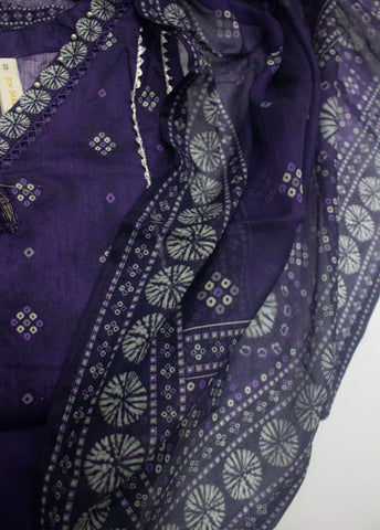 3 Piece Printed Stitched Purple Color Lawn Frock with Trouser & Dupatta