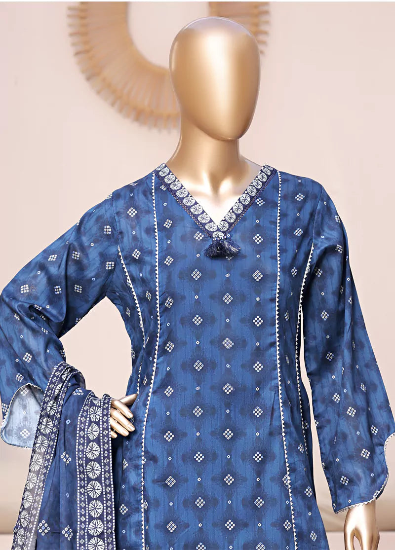 3 Piece Printed Stitched Blue Color Lawn Frock with Trouser & Dupatta