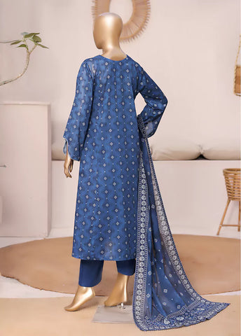 3 Piece Printed Stitched Blue Color Lawn Frock with Trouser & Dupatta