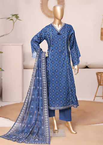 3 Piece Printed Stitched Blue Color Lawn Frock with Trouser & Dupatta