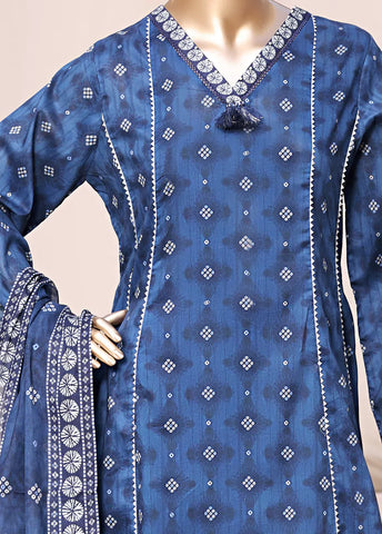 3 Piece Printed Stitched Blue Color Lawn Frock with Trouser & Dupatta