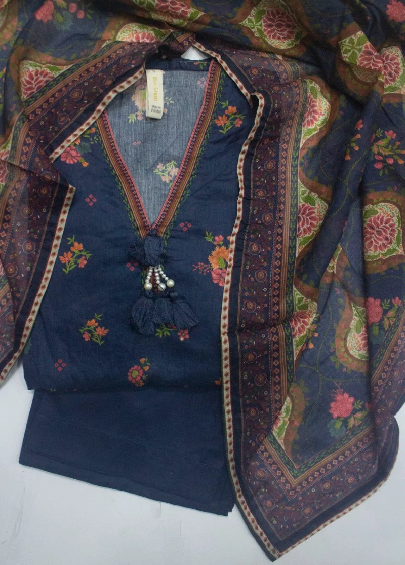 3 Piece Printed Stitched Navy Blue Color Lawn Frock with Trouser & Dupatta