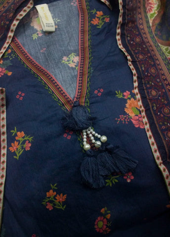 3 Piece Printed Stitched Navy Blue Color Lawn Frock with Trouser & Dupatta