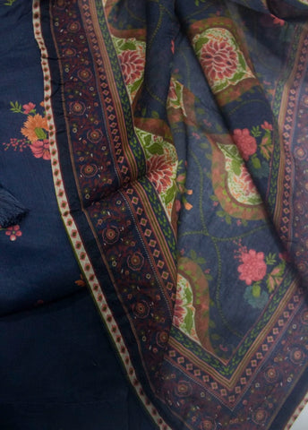 3 Piece Printed Stitched Navy Blue Color Lawn Frock with Trouser & Dupatta