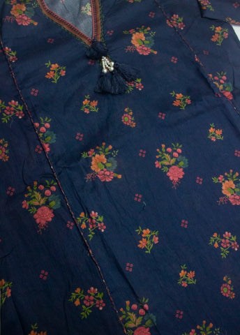 3 Piece Printed Stitched Navy Blue Color Lawn Frock with Trouser & Dupatta