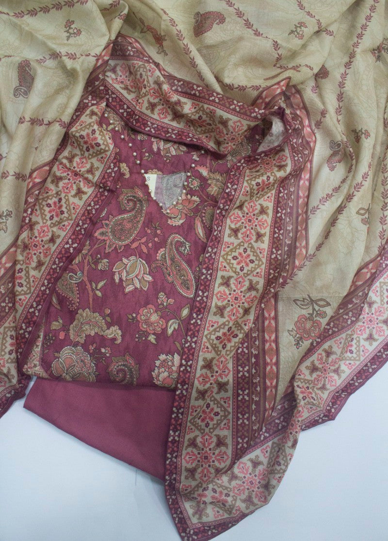 3 Piece Printed Stitched Pink Color Lawn Frock with Trouser & Dupatta