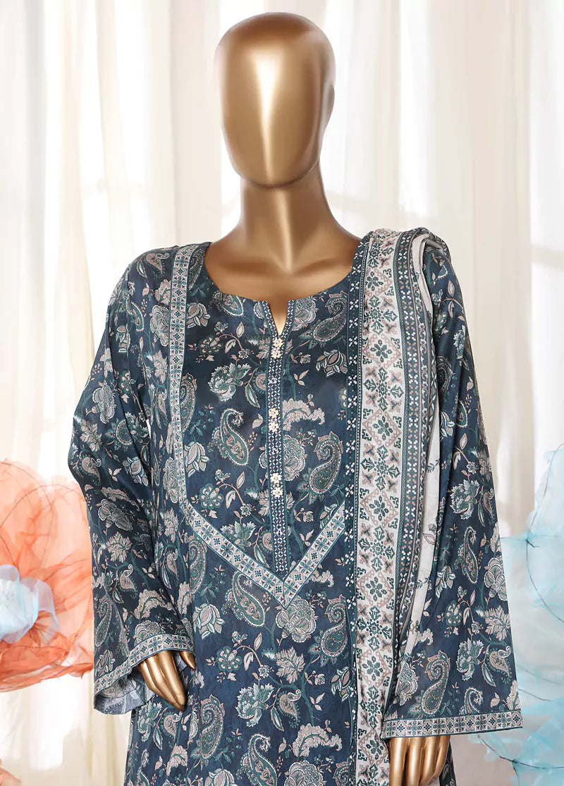 3 Piece Printed Stitched Navy Blue Color Lawn Frock with Trouser & Dupatta