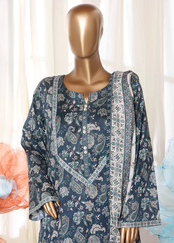 3 Piece Printed Stitched Navy Blue Color Lawn Frock with Trouser & Dupatta