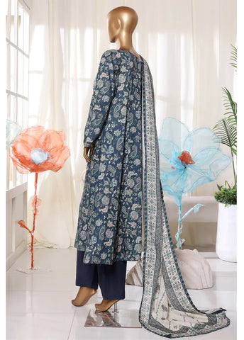 3 Piece Printed Stitched Navy Blue Color Lawn Frock with Trouser & Dupatta