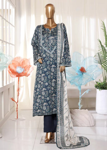 3 Piece Printed Stitched Navy Blue Color Lawn Frock with Trouser & Dupatta