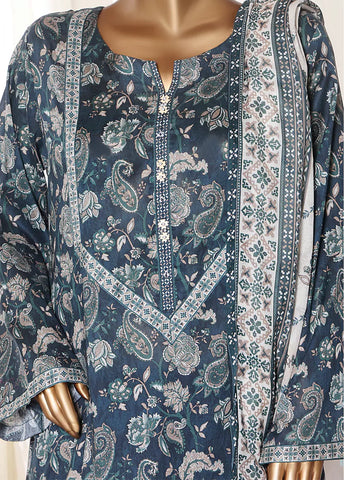 3 Piece Printed Stitched Navy Blue Color Lawn Frock with Trouser & Dupatta