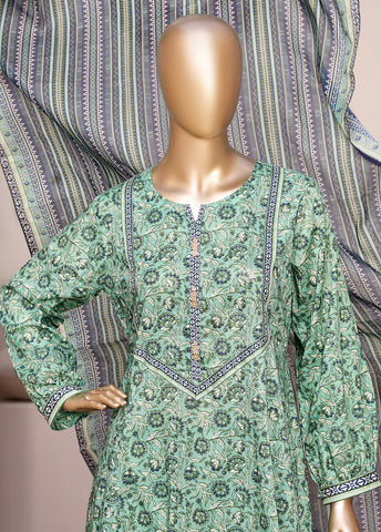 3 Piece Printed Stitched Mint Green Color Lawn Frock with Trouser & Dupatta