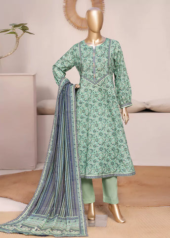 3 Piece Printed Stitched Mint Green Color Lawn Frock with Trouser & Dupatta