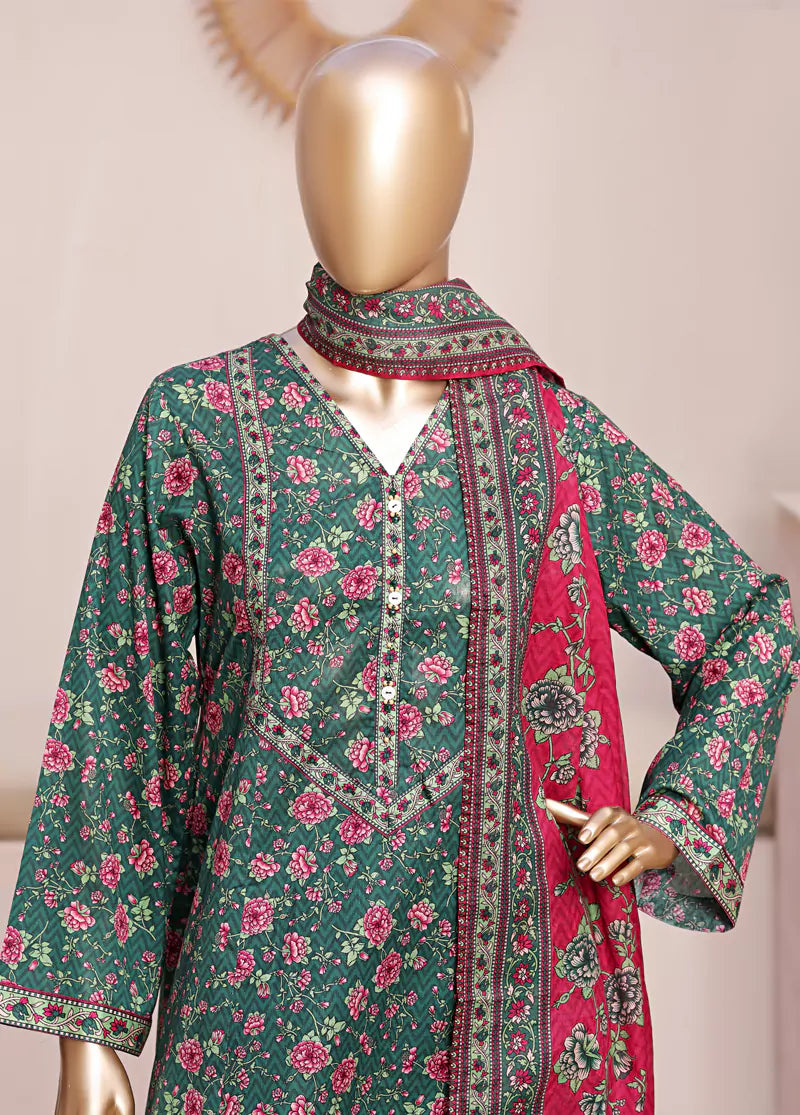 3 Piece Printed Stitched Green Color Lawn Frock with Trouser & Dupatta