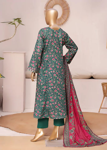 3 Piece Printed Stitched Green Color Lawn Frock with Trouser & Dupatta