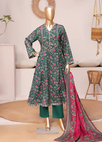3 Piece Printed Stitched Green Color Lawn Frock with Trouser & Dupatta