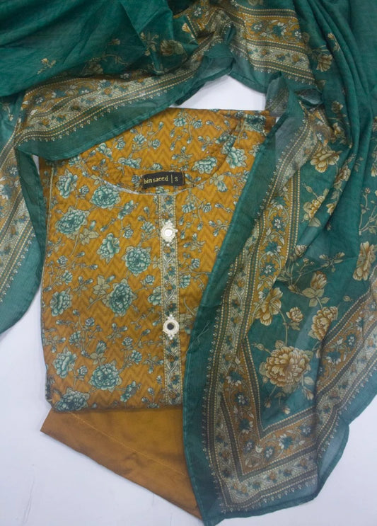 3 Piece Printed Stitched Mustard Color Lawn Frock with Trouser & Dupatta