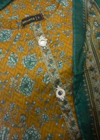 3 Piece Printed Stitched Mustard Color Lawn Frock with Trouser & Dupatta