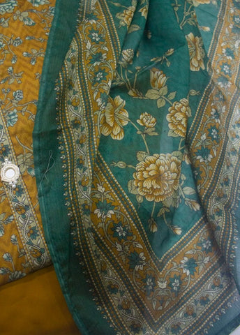 3 Piece Printed Stitched Mustard Color Lawn Frock with Trouser & Dupatta