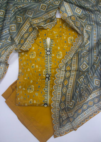 3 Piece Printed Stitched Mustard Color Lawn Shirt with Trouser & Dupatta