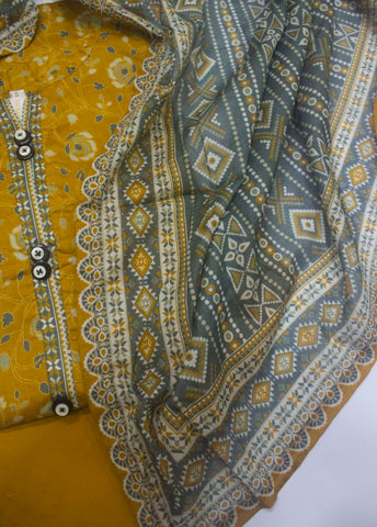 3 Piece Printed Stitched Mustard Color Lawn Shirt with Trouser & Dupatta