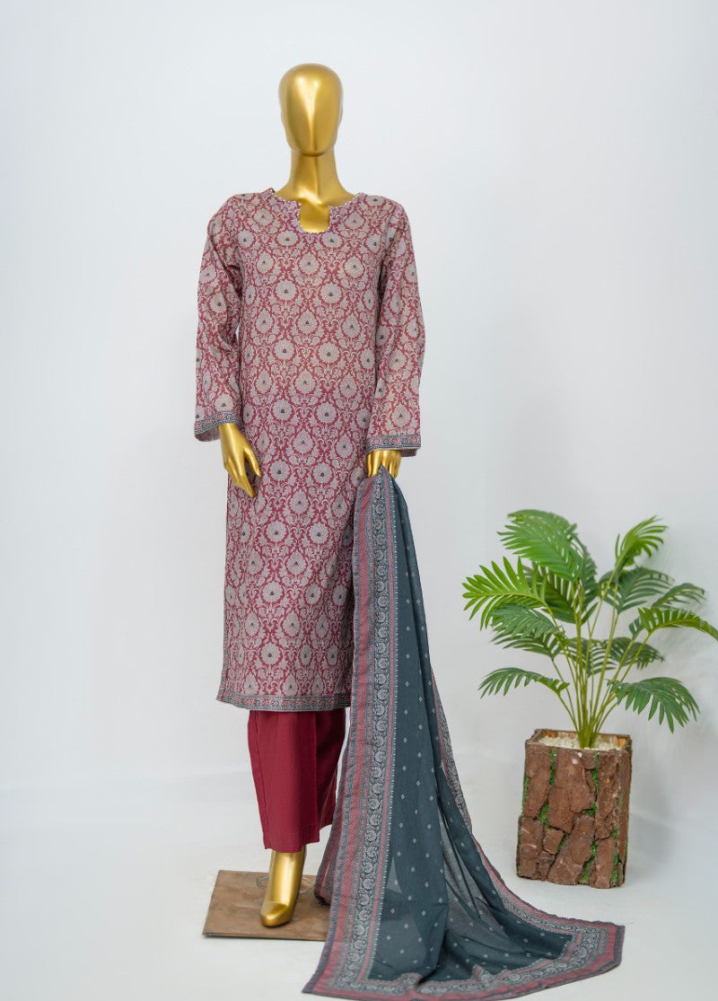 3 Piece Printed Stitched Maroon Color Lawn Shirt with Trouser & Dupatta
