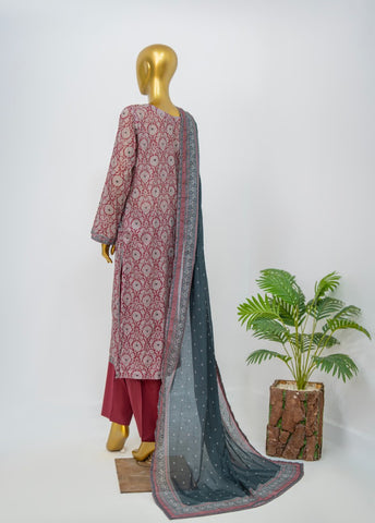 3 Piece Printed Stitched Maroon Color Lawn Shirt with Trouser & Dupatta