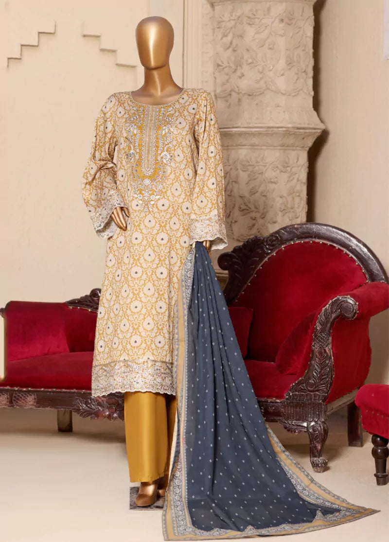 3 Piece Embroidred Stitched Mustard Color Lawn Suit with Trouser & Dupatta