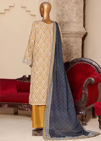 3 Piece Embroidred Stitched Mustard Color Lawn Suit with Trouser & Dupatta