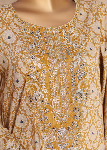 3 Piece Embroidred Stitched Mustard Color Lawn Suit with Trouser & Dupatta