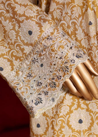 3 Piece Embroidred Stitched Mustard Color Lawn Suit with Trouser & Dupatta