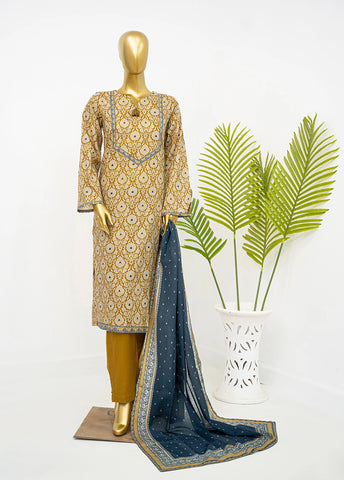 3 Piece Printed Stitched Brown Color Lawn Shirt with Trouser & Dupatta