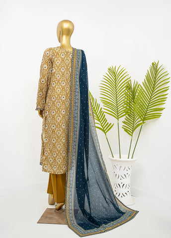 3 Piece Printed Stitched Brown Color Lawn Shirt with Trouser & Dupatta