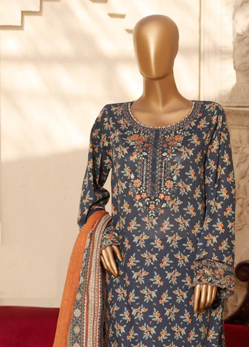 3 Piece Embroidred Stitched Charcoal Black Color Lawn Suit with Trouser & Dupatta