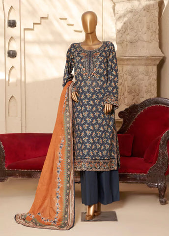 3 Piece Embroidred Stitched Charcoal Black Color Lawn Suit with Trouser & Dupatta