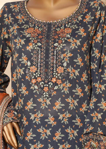 3 Piece Embroidred Stitched Charcoal Black Color Lawn Suit with Trouser & Dupatta
