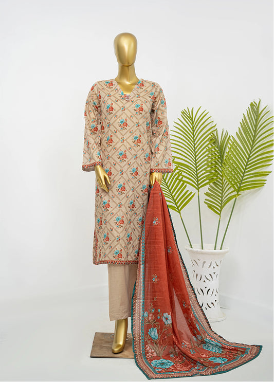 3 Piece Printed Stitched Sand Brown Color Lawn Shirt with Trouser & Dupatta