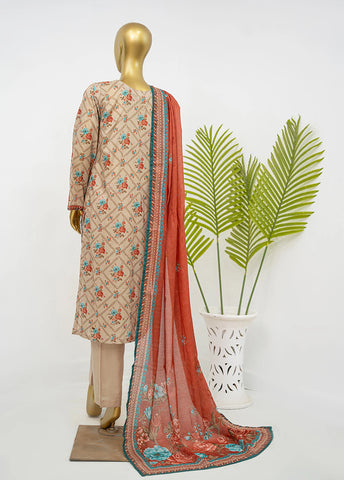 3 Piece Printed Stitched Sand Brown Color Lawn Shirt with Trouser & Dupatta